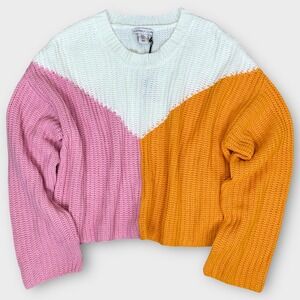 Sincerely Jules Colorblock Chunky Knit Sweater White‎ Pink Orange Pullover XL